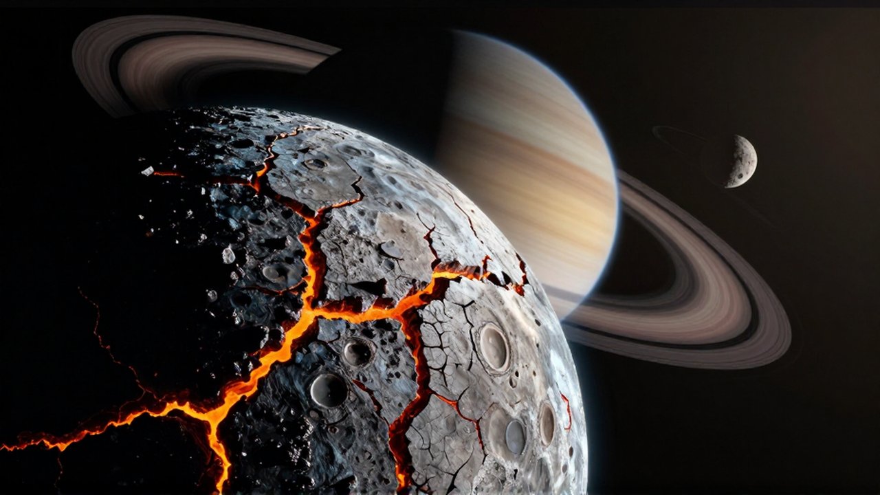 Luna de Saturno con grietas de magma ardiente bajo la influencia gravitatoria del planeta anillado.