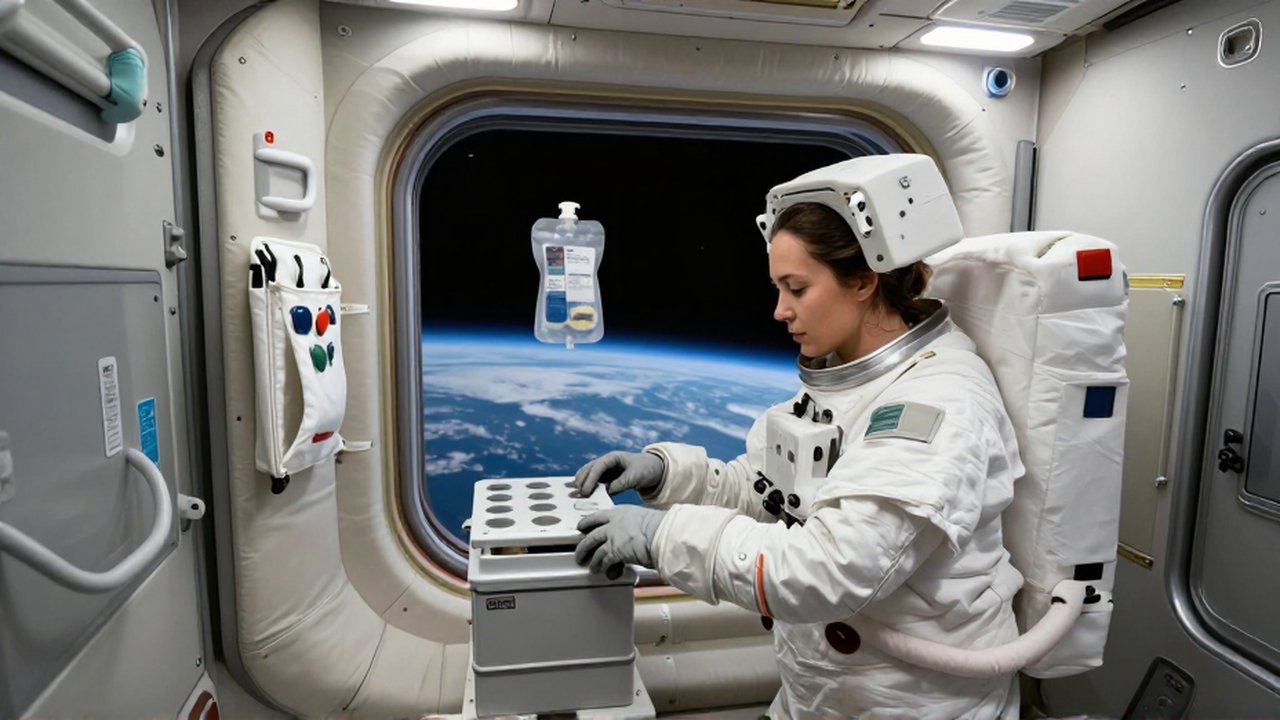 Astronauta organizando contenedores modulares en el interior de un módulo espacial con la Tierra al fondo.