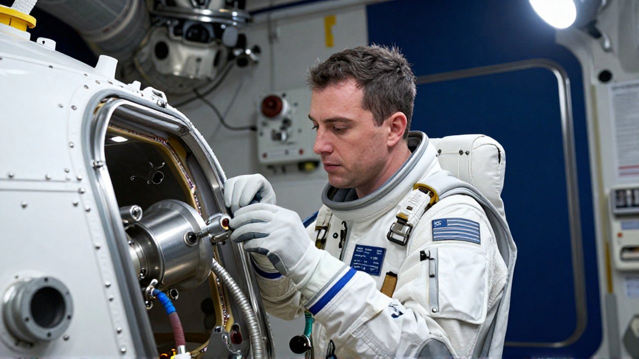 Ingeniero aeroespacial con traje presurizado inspecciona conexiones de fluidos en el interior de una cápsula espacial.