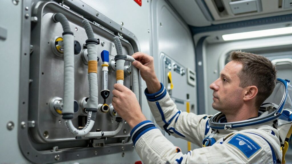 Ingeniero aeroespacial asegurando equipos y pasamanos acolchados en el panel de una cabina espacial técnica.
