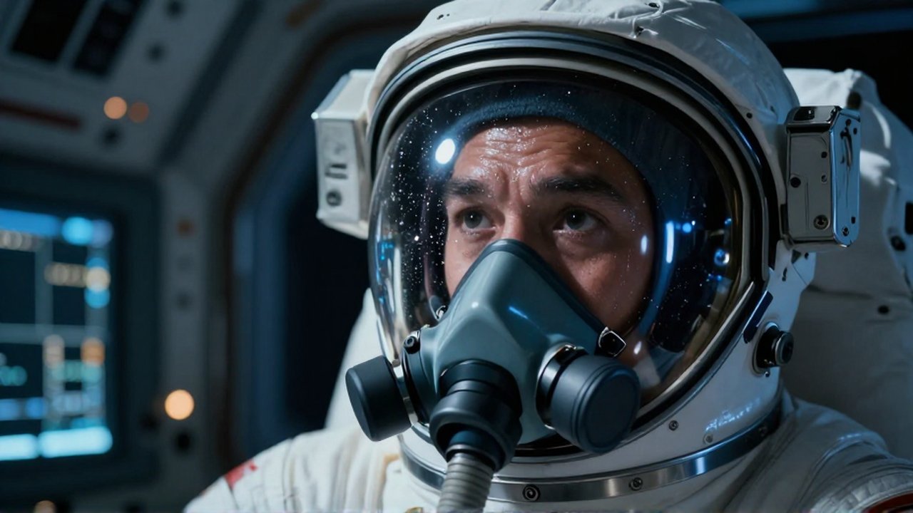 Primer plano de un astronauta con expresión de tensión respirando tras una máscara dentro de una cabina espacial.