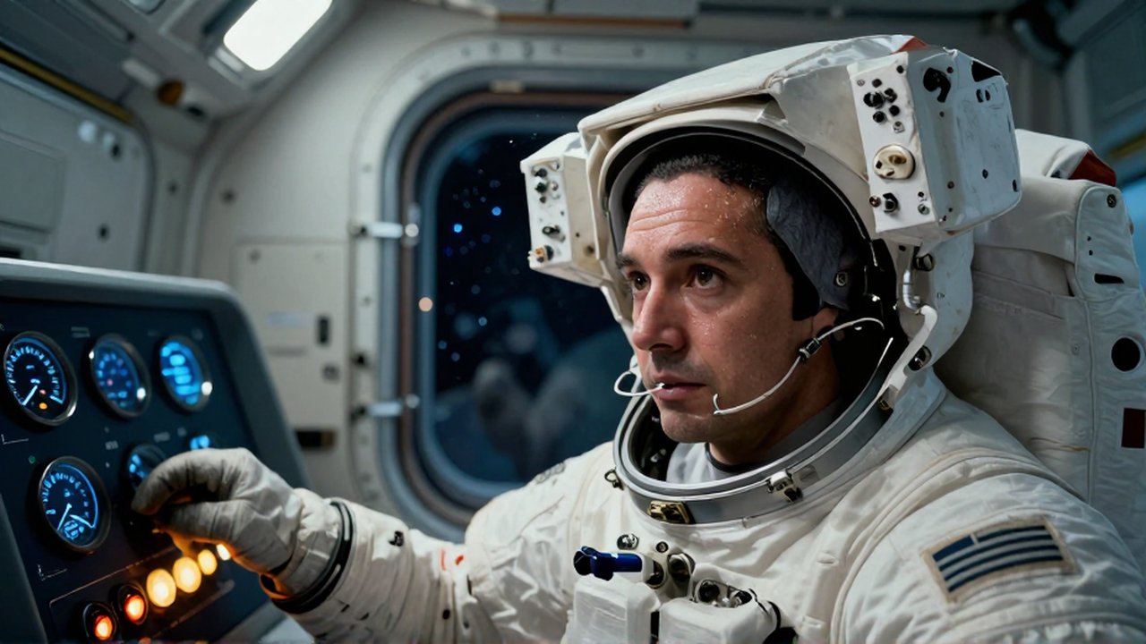 Astronauta concentrado monitoreando su respiración frente a un panel de soporte vital en una estación espacial.