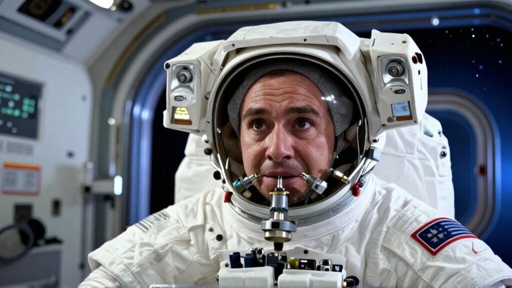 Astronauta con expresión de esfuerzo mientras monitoriza un regulador de oxígeno dentro de una estación espacial.