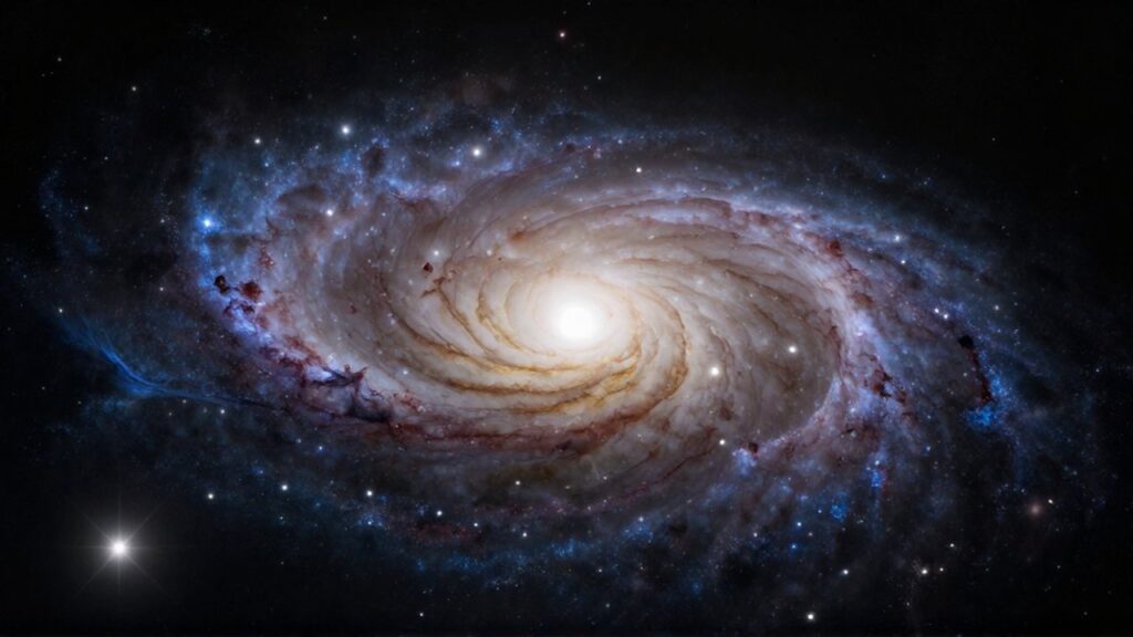 Gran galaxia espiral con brazos brillantes y un núcleo luminoso sobre un fondo de estrellas.