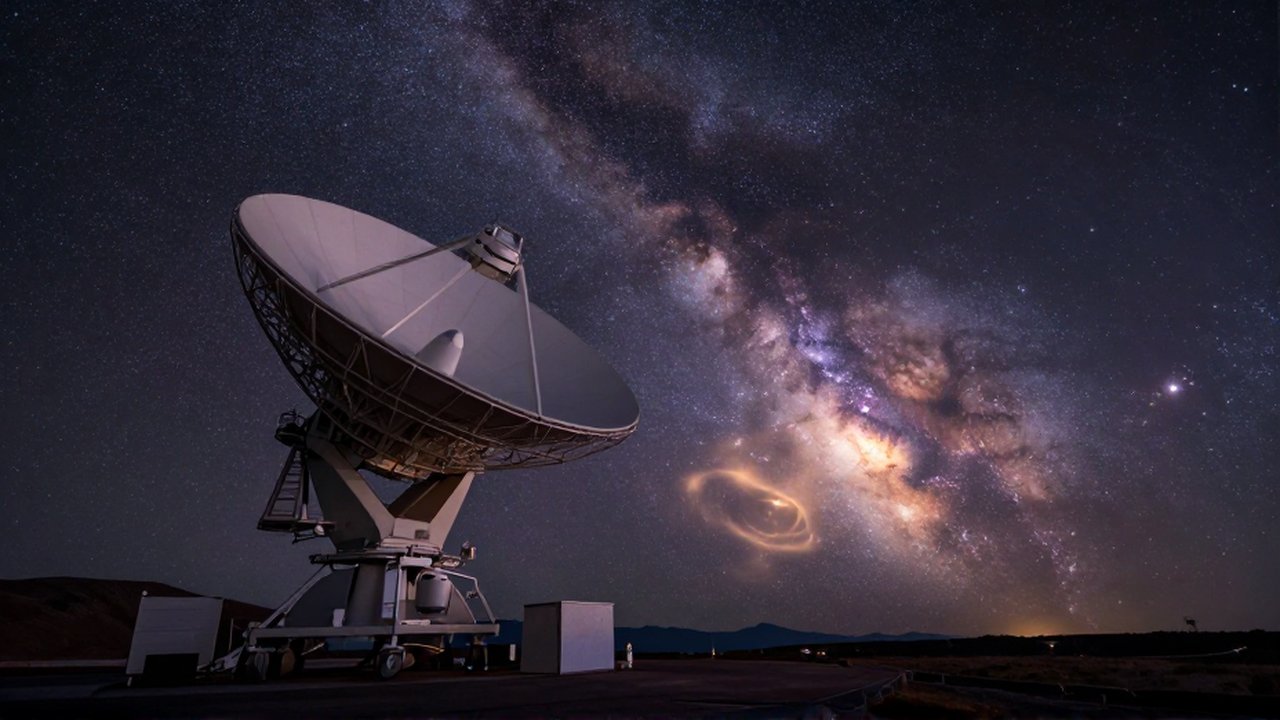 Gran radiotelescopio en una montaña bajo un cielo estrellado con una nebulosa y una protostar brillante.