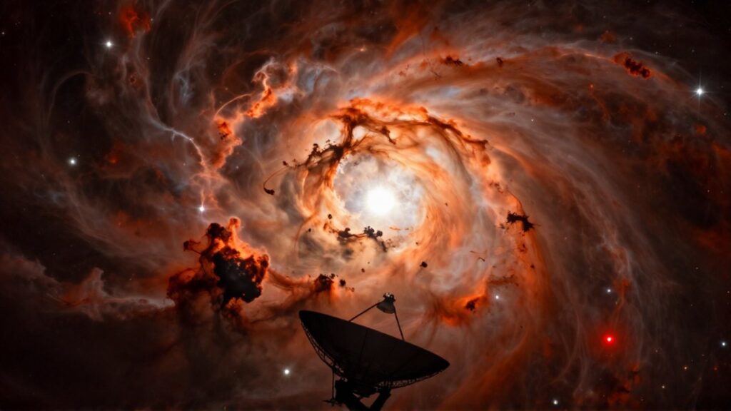 Una protocapa brillante de color naranja y rojo nace entre nubes de polvo cósmico frente a un telescopio radioeléctrico.