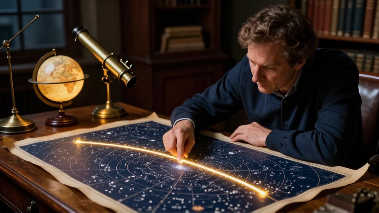 Astrónomo señalando con el dedo un arco dorado que marca la eclíptica en un mapa estelar antiguo.