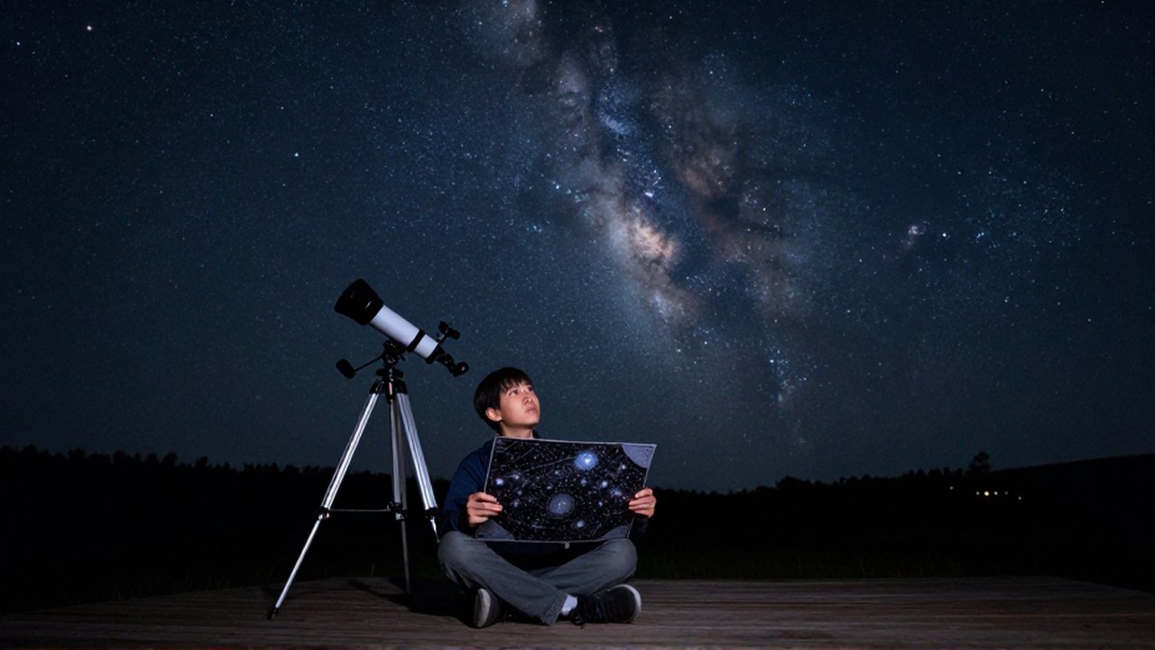 Joven astrónomo observa un mapa estelar con curiosidad bajo un cielo nocturno lleno de estrellas.
