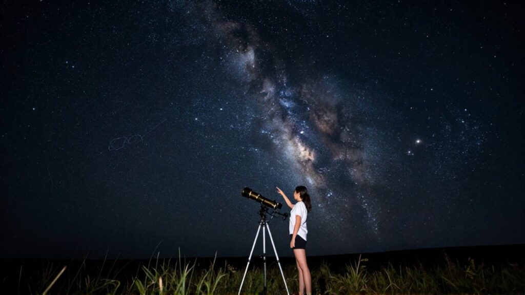 Astrónoma señalando un cúmulo de estrellas junto a un telescopio bajo un cielo nocturno estrellado.