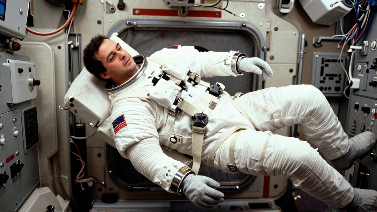 Astronauta con ropa ligera flota sujeto por correas en el reducido y técnico interior de una cápsula espacial.
