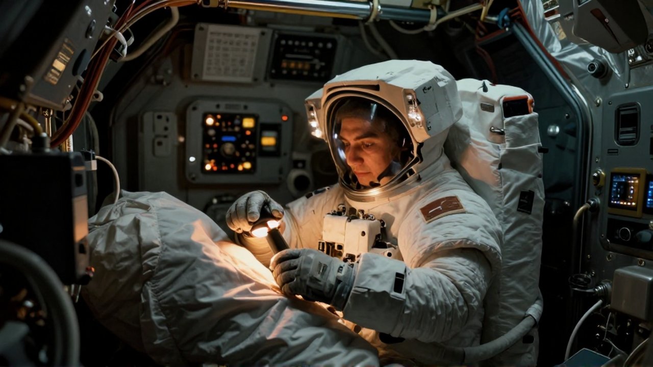 Astronauta ajustando una pequeña lámpara naranja en el estrecho compartimento metálico de un módulo lunar.