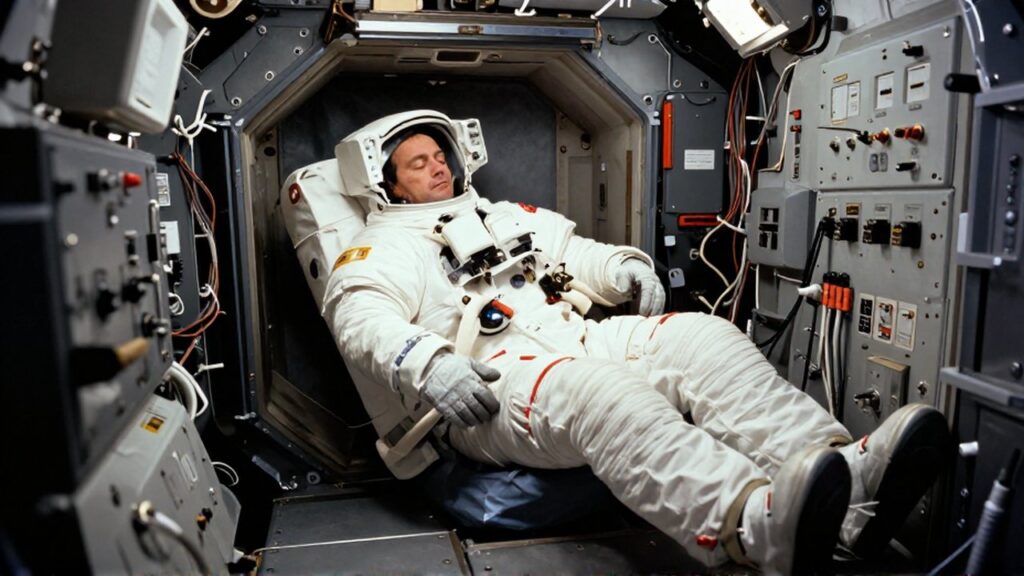 Astronauta con traje blanco durmiendo en un saco de dormir sujeto a la pared de un módulo lunar.