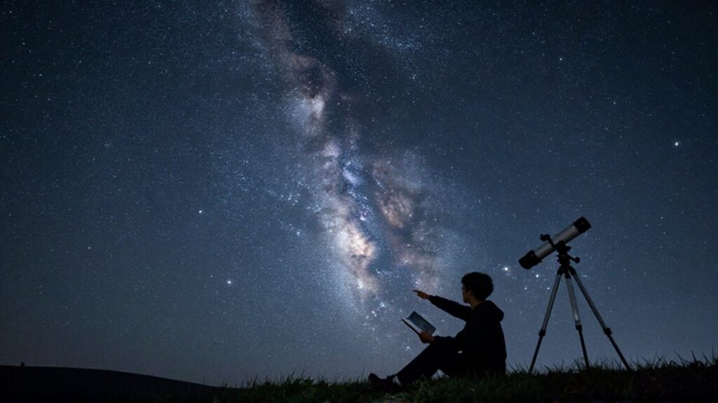 Astrónomo sentado en una colina identificando la constelación de Leo bajo un cielo estrellado con un telescopio.