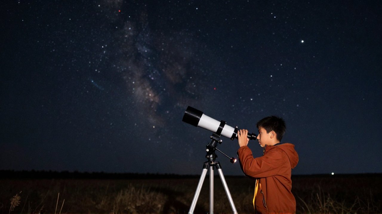 Joven astrónomo observa el cielo estrellado a través de un telescopio en un campo nocturno.