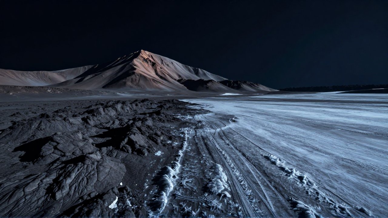 Paisaje desolado de Plutón con un contraste entre un glaciar oscuro y picos montañosos cubiertos de escarcha.