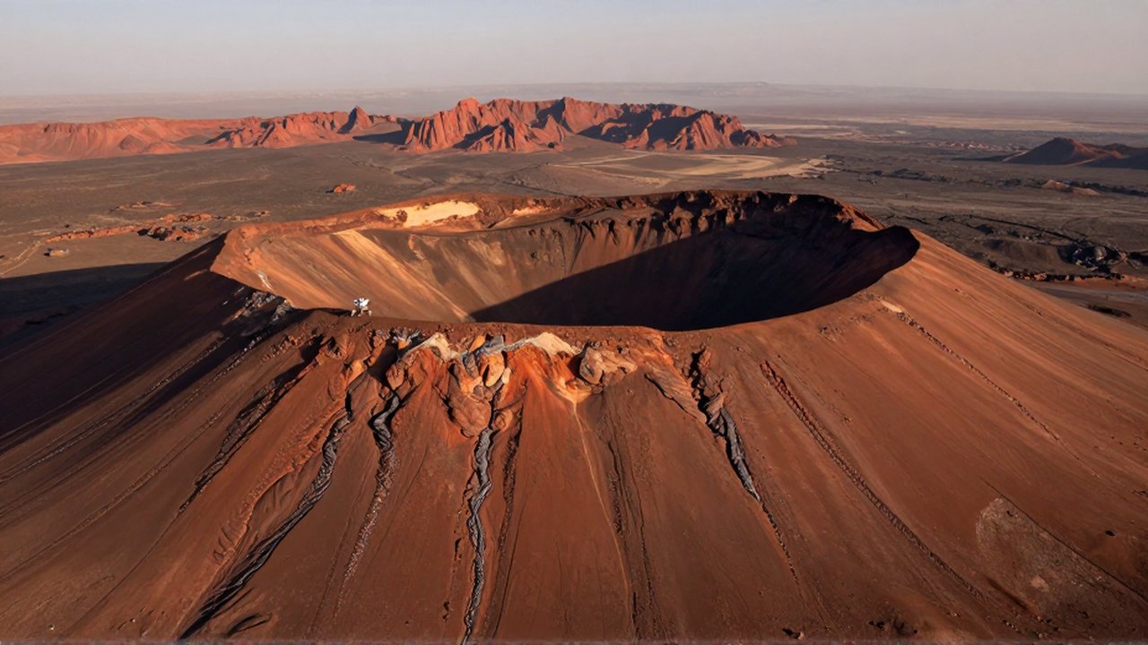 Vasto volcán de escudo con una caldera gigante y un pequeño rover en el paisaje rojizo de Marte.