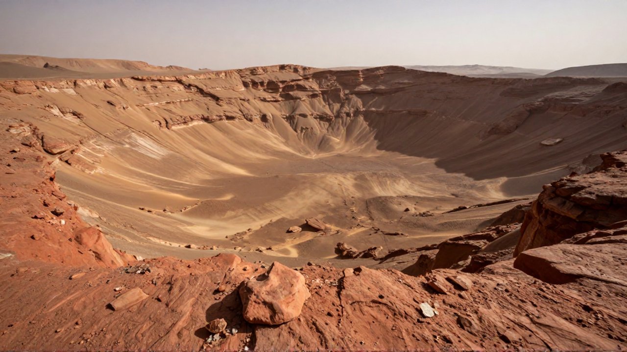 Extenso cráter con relieve rugoso y capas sedimentarias bajo un cielo tenue en la superficie de Marte.