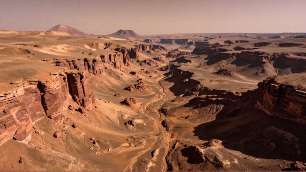 Vista aérea de los profundos y rojizos cañones de Valles Marineris en la superficie de Marte.