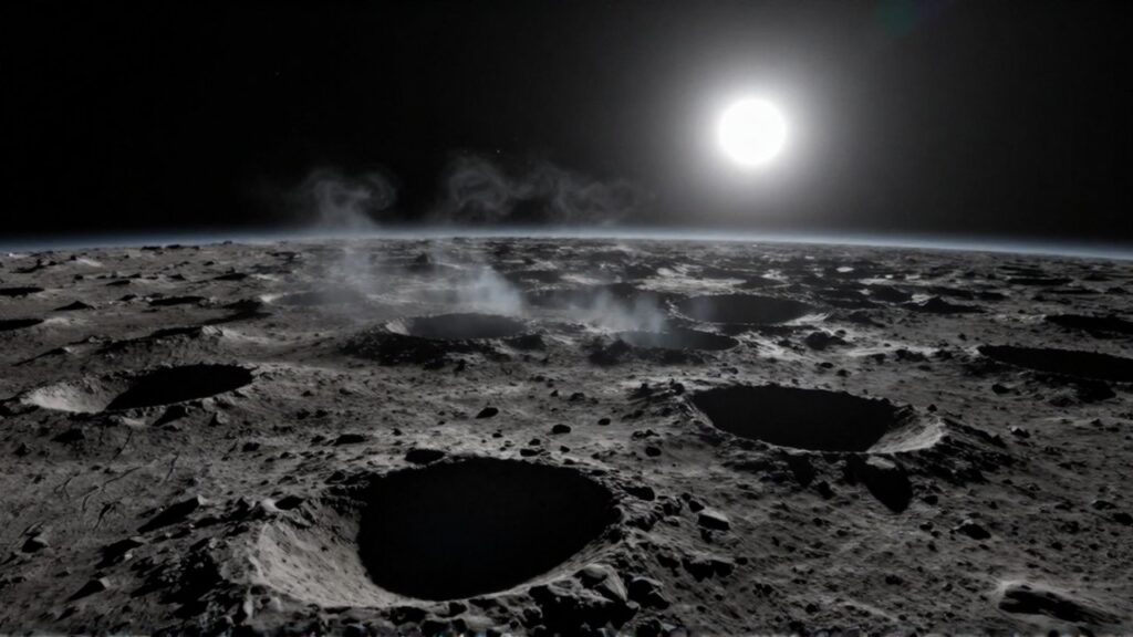 Superficie craterizada de Mercurio con una tenue capa atmosférica brillante bajo la intensa luz solar.