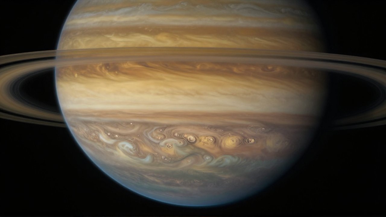 Corte transversal científico que muestra las capas atmosféricas gaseosas de Saturno en tonos dorados y ocres.