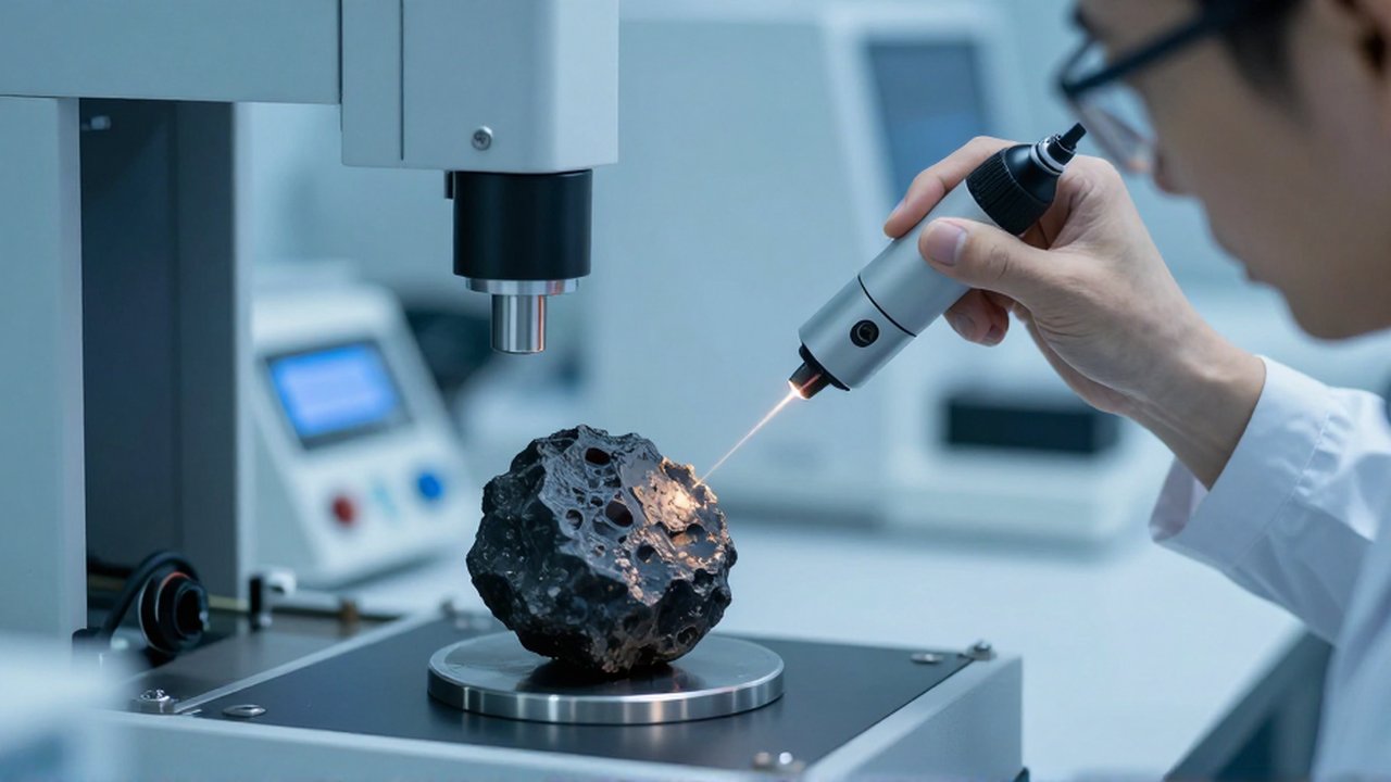Un láser de precisión analiza la superficie rugosa de un meteorito en un laboratorio tecnológico.