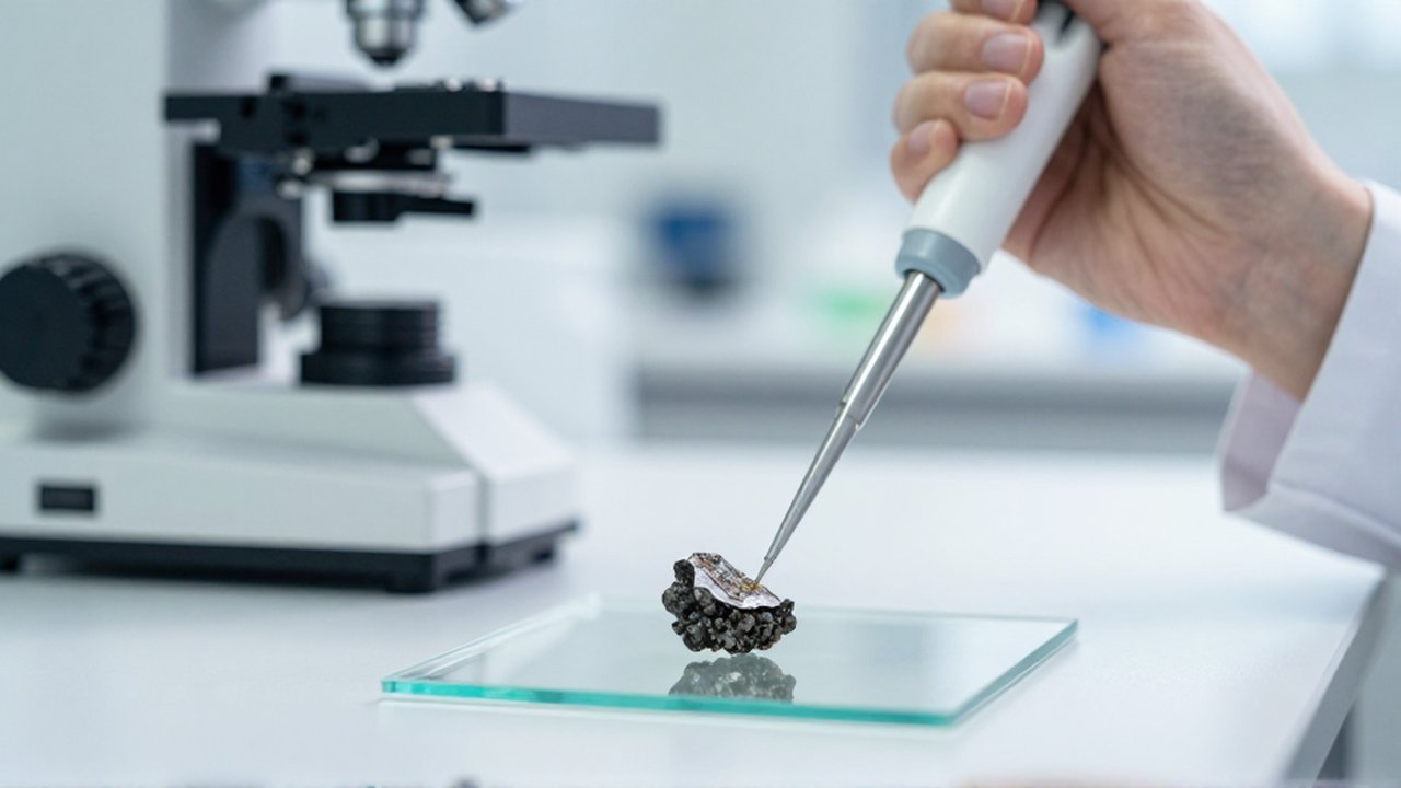 Científico aplica un reactivo con una micropipeta sobre un fragmento de meteorito en un laboratorio.