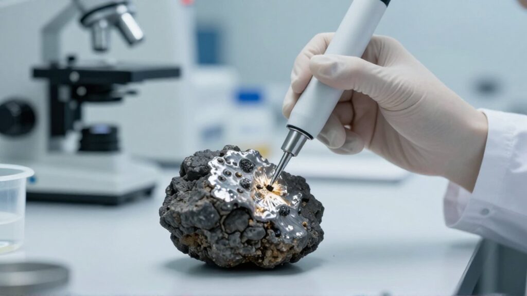 Primer plano de un científico analizando la superficie de un meteorito con una micro sonda en un laboratorio.