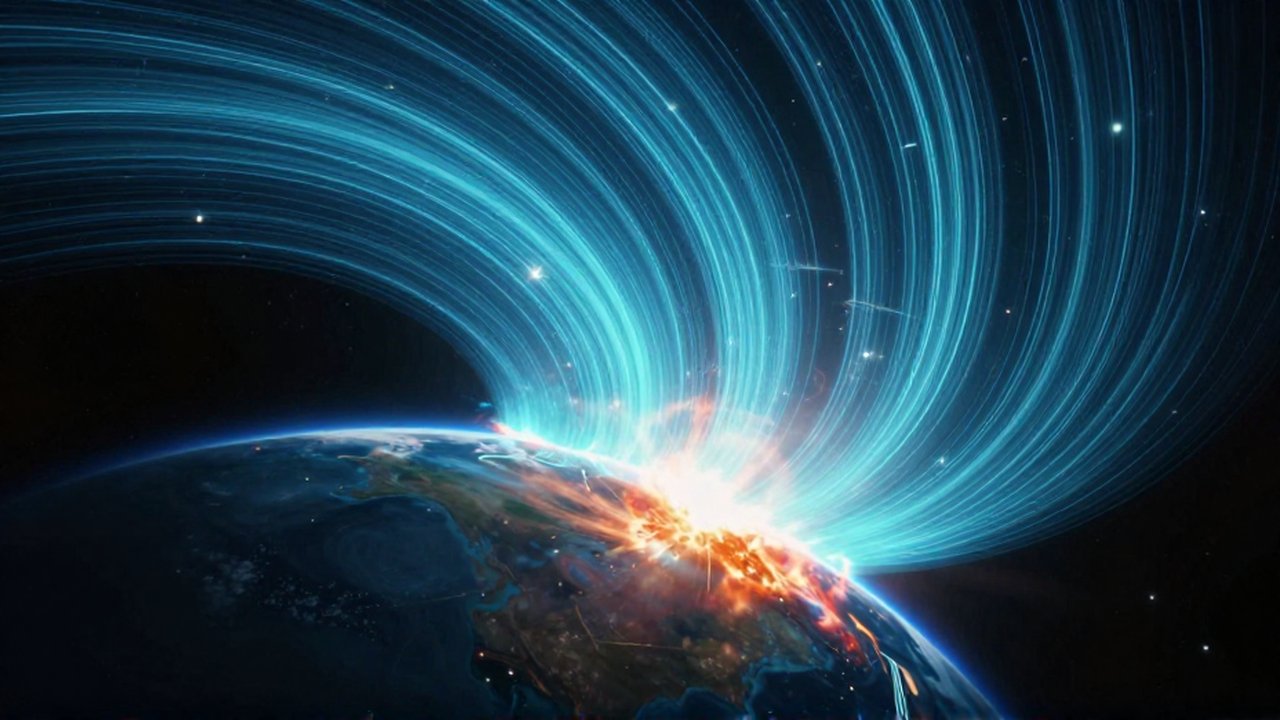Líneas de campo magnético azules protegen a la Tierra de corrientes de viento solar brillantes en el espacio.