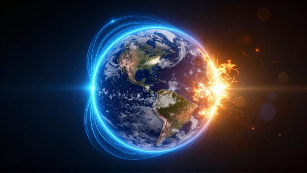 Escudo azul de líneas magnéticas rodea la Tierra para desviar un flujo de partículas solares anaranjadas.