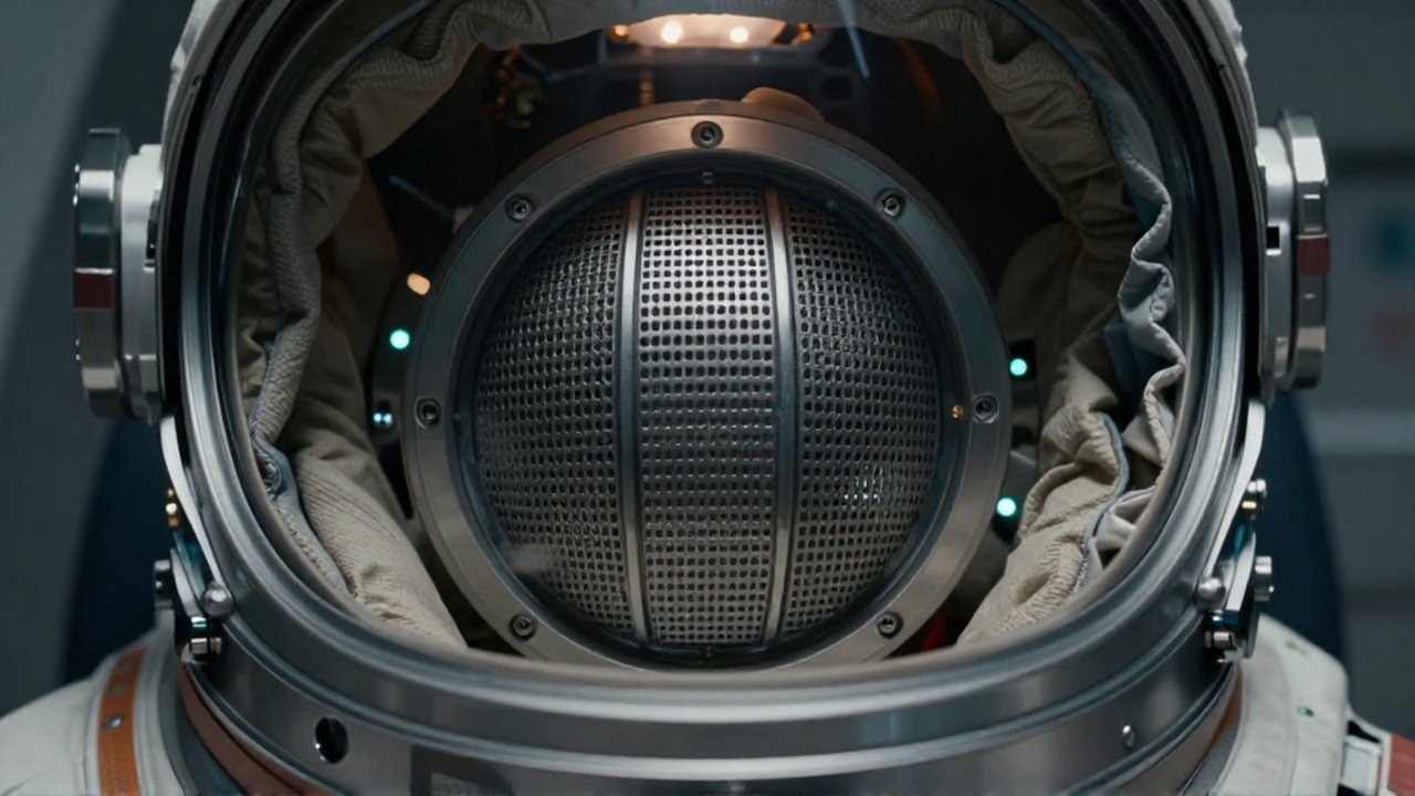 Primer plano detallado de un sistema de ventilación técnico integrado en el interior de un casco futurista.