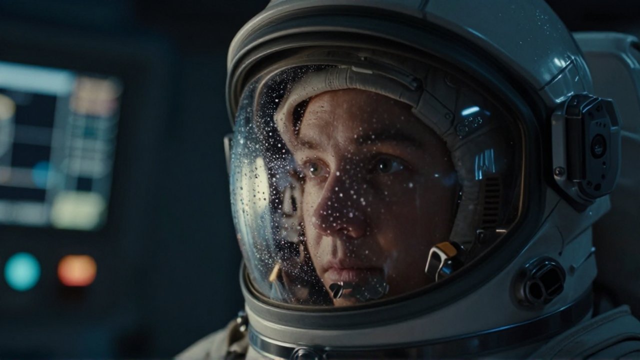 Primer plano del ojo de un astronauta observado a través de un visor con gotas de condensación en una cabina oscura.