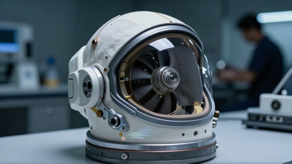 Primer plano del sistema de ventilación interno de un casco de astronauta en un laboratorio aeroespacial.