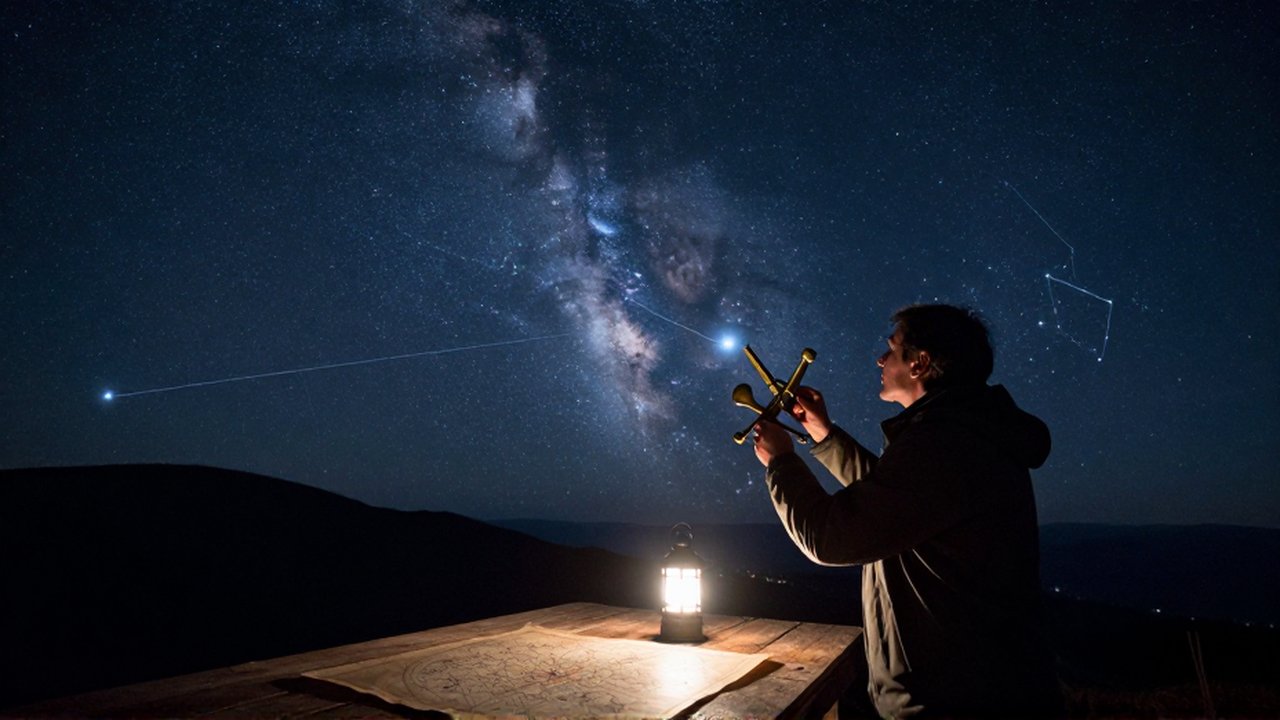 Astrónomo de perfil usando un sextante de latón bajo un cielo estrellado con la Vía Láctea.