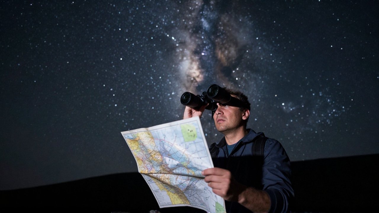Astrónomo frustrado intenta orientar un mapa estelar bajo un cielo nocturno brillante y estrellado.