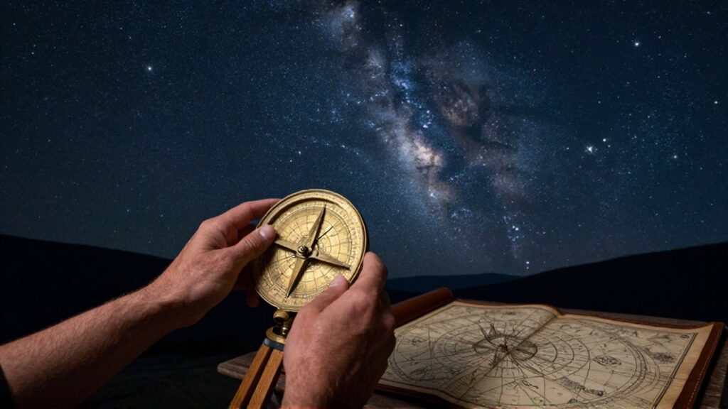 Manos sosteniendo un astrolabio de latón para observar las estrellas bajo un cielo nocturno despejado.