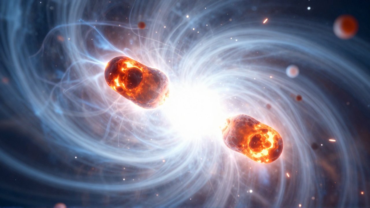Dos protones de hidrógeno colisionan y se fusionan en el núcleo brillante y turbulento de una estrella.