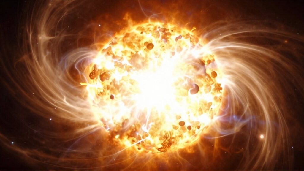 Explosión de luz blanca y energía cinética en el núcleo de plasma turbulento de una estrella.