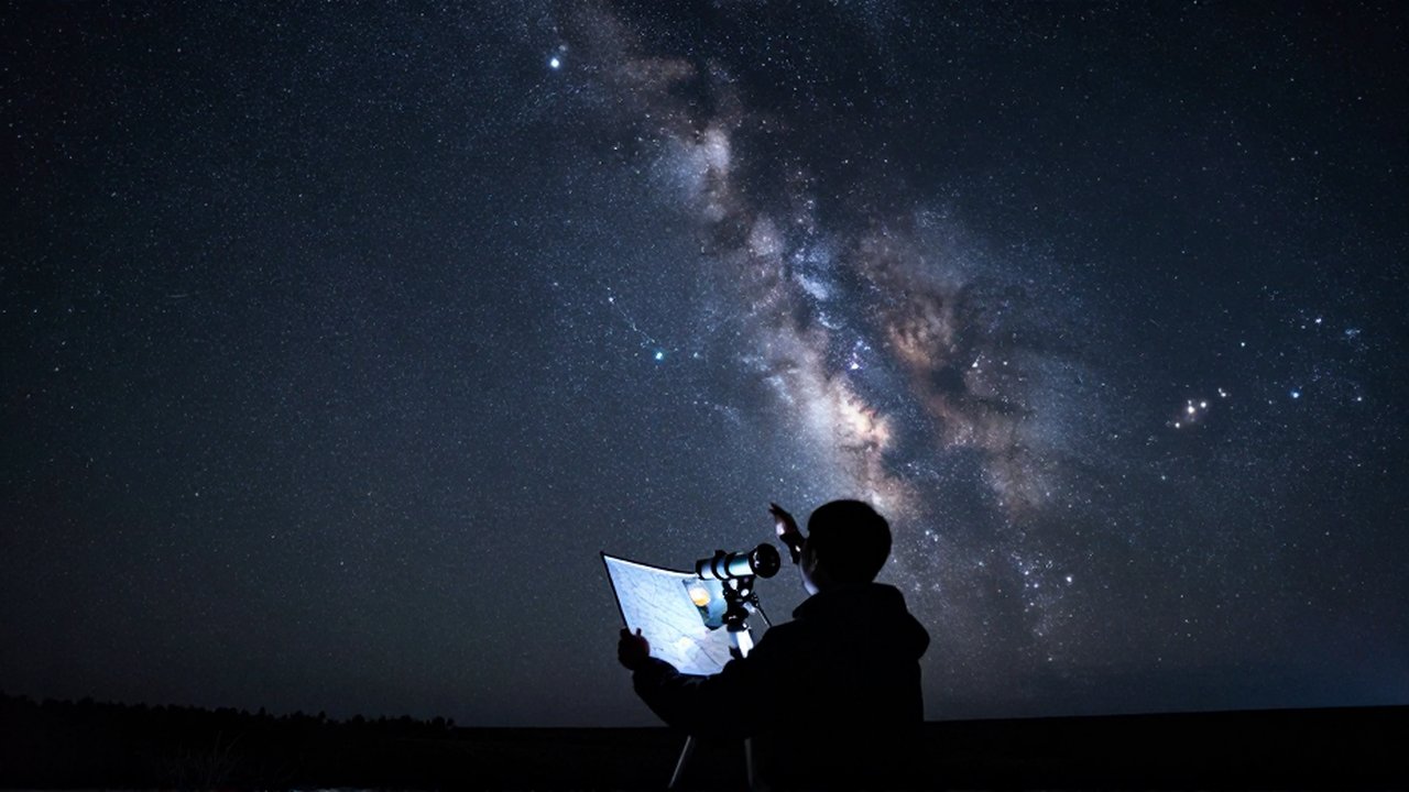Silueta de una persona con un telescopio y mapa estelar observando la Vía Láctea bajo un cielo nocturno despejado.