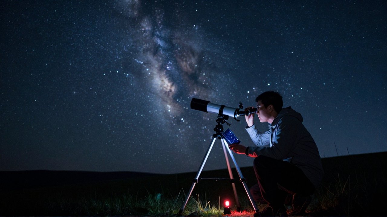 Astrónomo concentrado observa a través de un telescopio bajo un cielo nocturno estrellado.