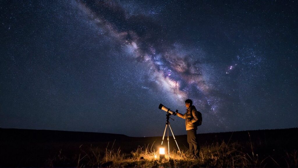 Joven astrónomo observa el cielo estrellado con un telescopio sobre una colina bajo la Vía Láctea.