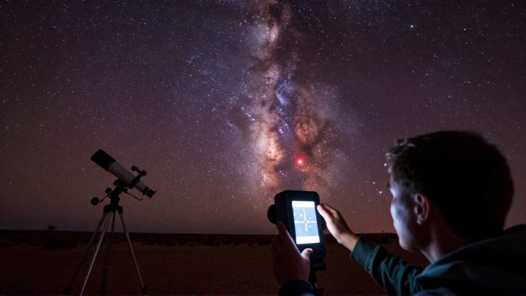 Astrónomo utilizando un buscador de estrellas bajo un cielo nocturno despejado y lleno de galaxias.