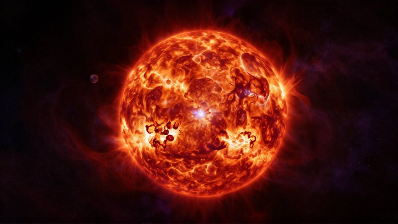 Una gigantesca estrella supergigante roja con superficie turbulenta domina el espacio junto a un pequeño planeta distante.