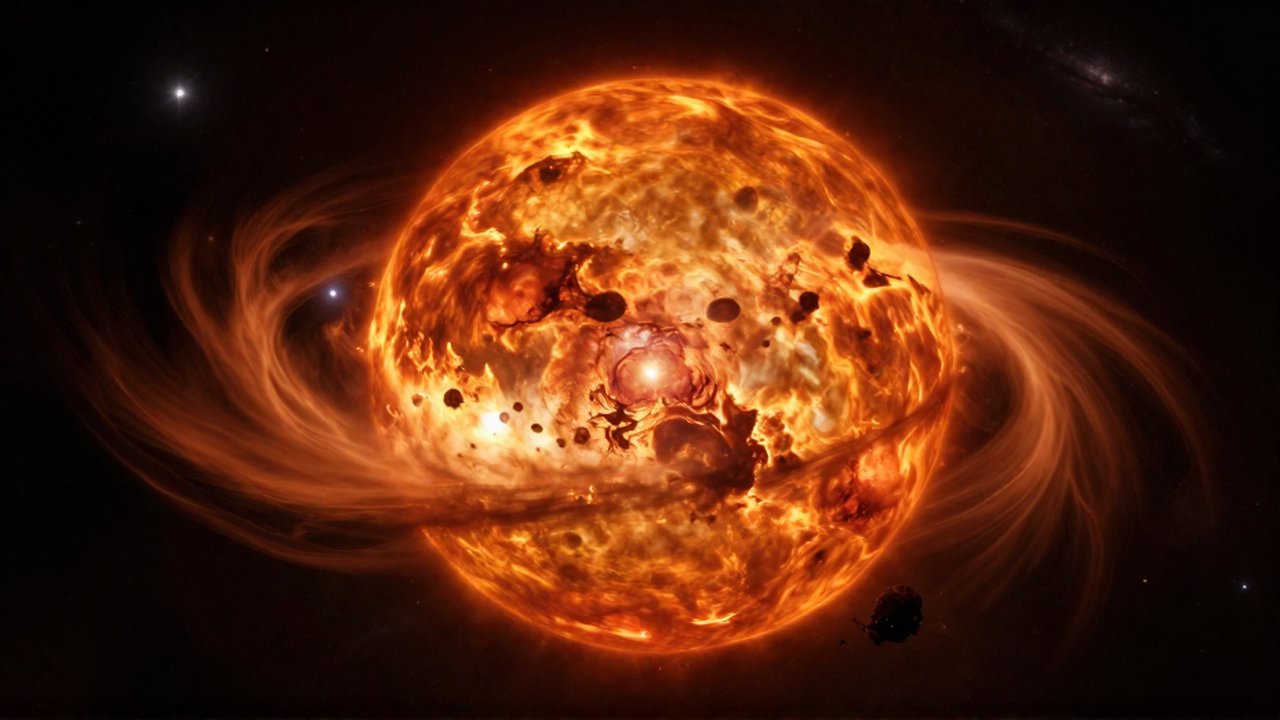 Gigantesca estrella roja en colapso gravitatorio con capas de plasma turbulento en el espacio profundo.