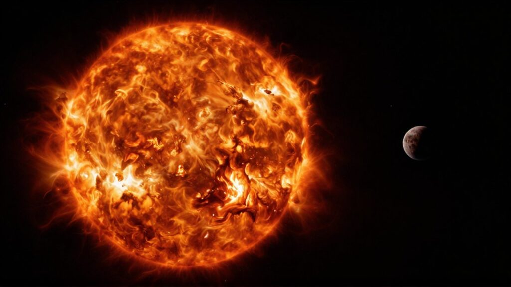 Una gigantesca estrella roja en expansión domina el espacio frente a un pequeño y vulnerable planeta rocoso.