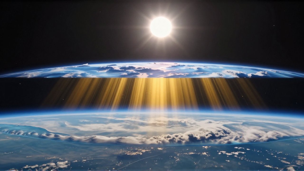 Diagrama de la atmósfera terrestre mostrando rayos solares penetrando entre capas de nubes hacia la superficie.