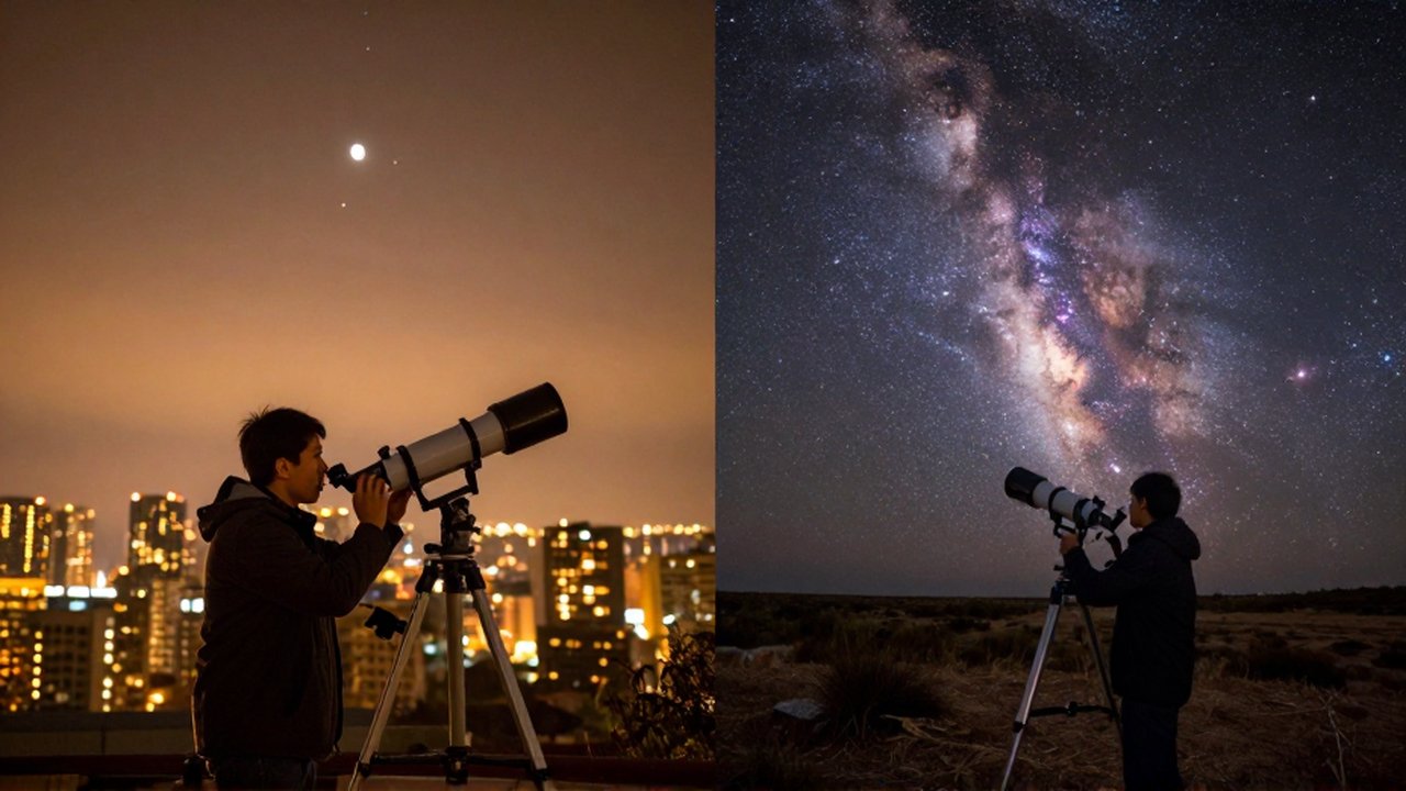 Comparativa dividida entre un astrónomo en una ciudad con cielo contaminado y en la naturaleza bajo la Vía Láctea.