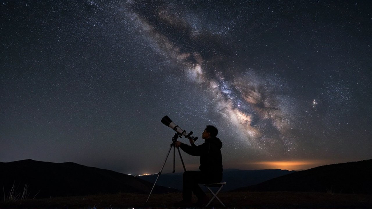 Astrónomo observando la Vía Láctea con un telescopio en un paisaje montañoso bajo un cielo estrellado.
