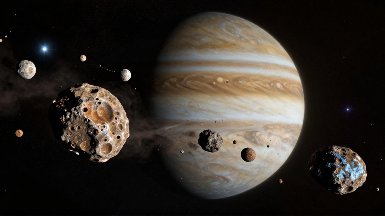 Asteroides y un cometa de cola azul cruzan el espacio frente al gigante gaseoso Júpiter.
