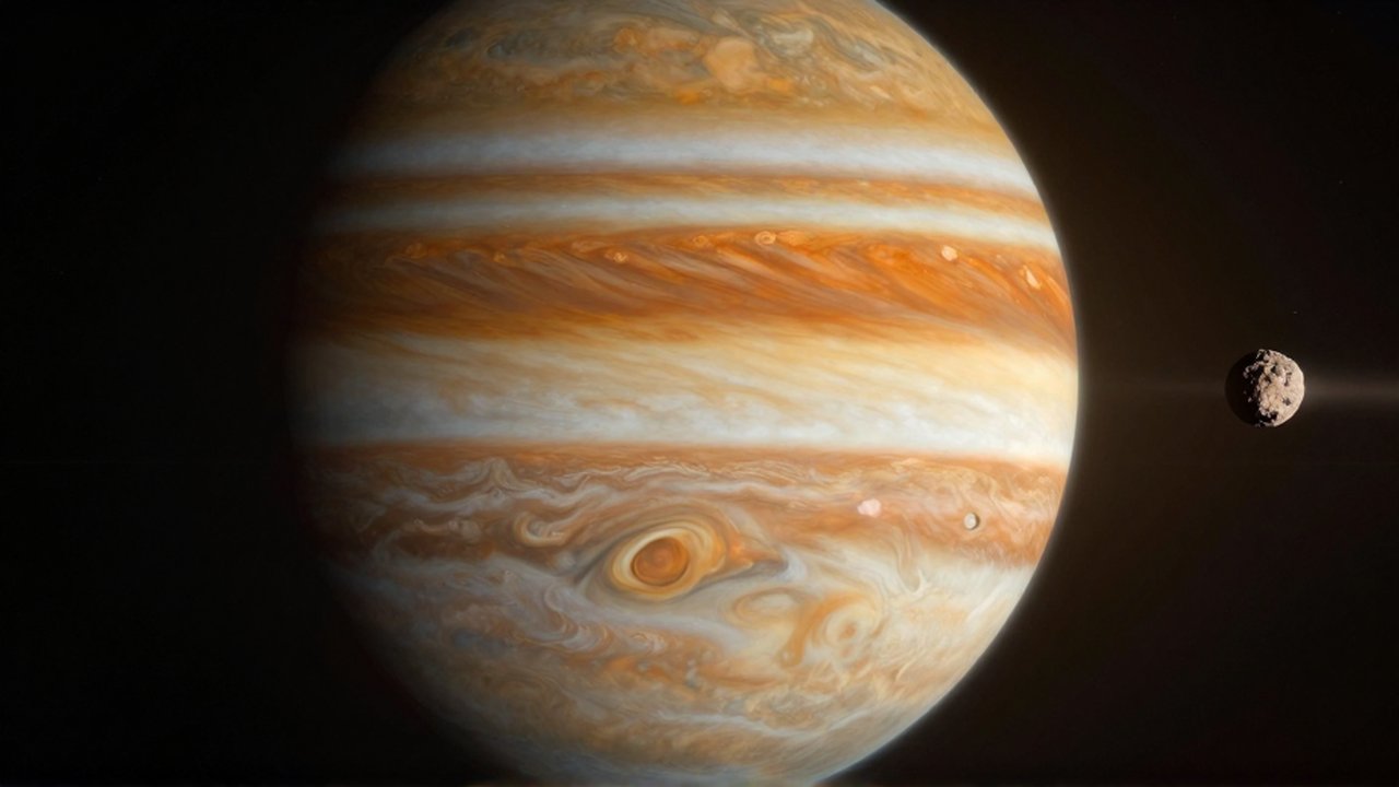 El gigantesco planeta Júpiter ejerce su fuerza gravitatoria sobre un pequeño asteroide en el espacio profundo.