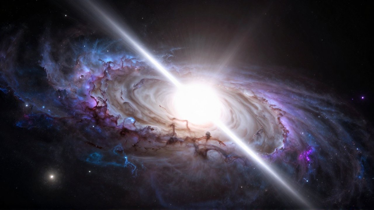 Un cuásar brillante en el centro de una galaxia espiral dispara potentes chorros de plasma azul y violeta hacia el espacio profundo.
